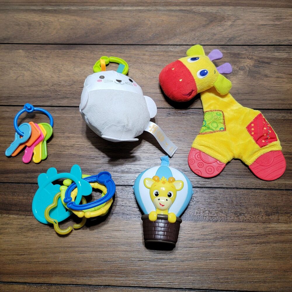 Set of 5 Infant Toys: Keys, Rings, Music Balloon, Giraffe, & Crinkle Seal